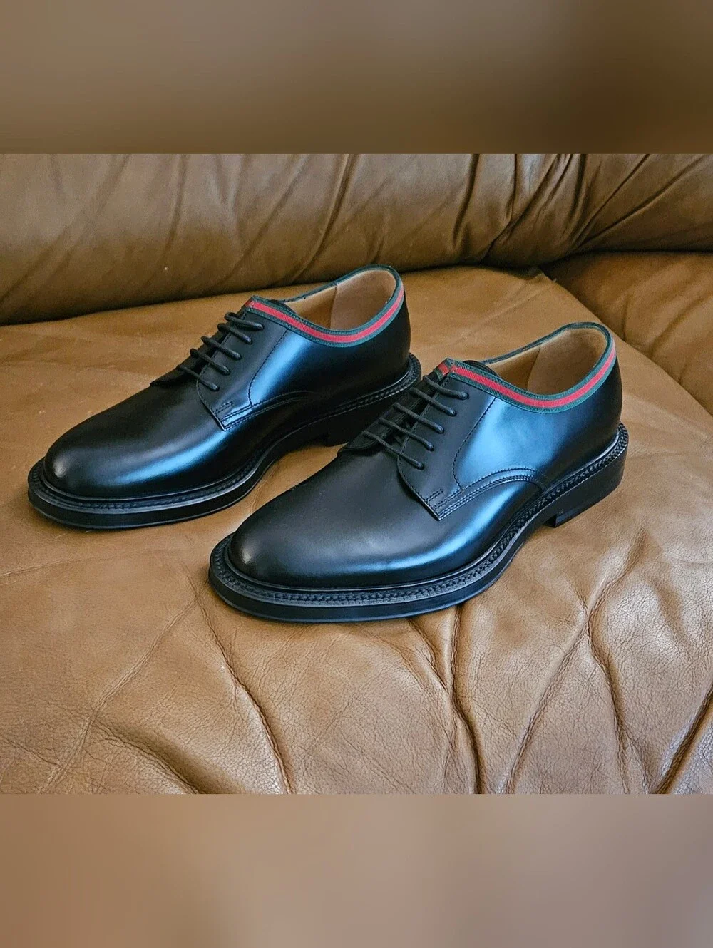 New Men's Gucci Black Leather Bumble Bee Derby Oxford Dress Shoes Size 5